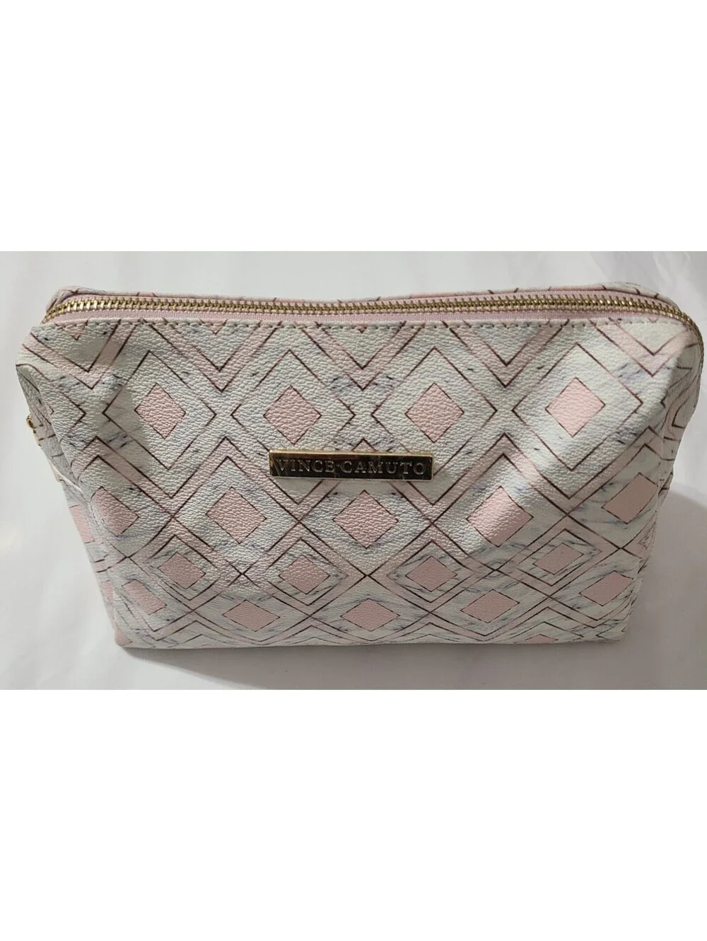 Vince Camuto Cosmetic Makeup Bag  White & Pink Geometric Diamonds Storage Pouch